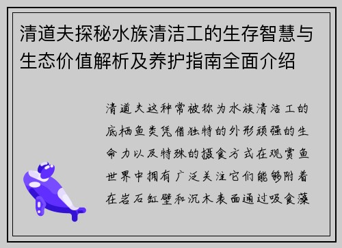 清道夫探秘水族清洁工的生存智慧与生态价值解析及养护指南全面介绍